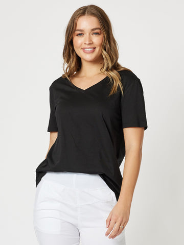 V Neck Cotton T-Shirt - Black