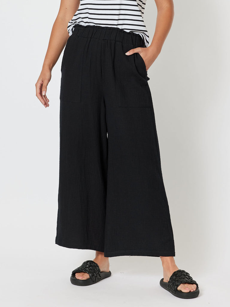 Byron Textured Cotton Wide Leg Pant - Black