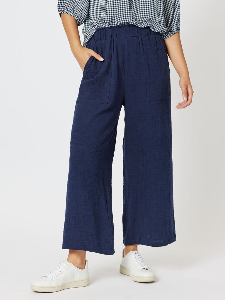 Byron Textured Cotton Wide Leg Pant - Navy