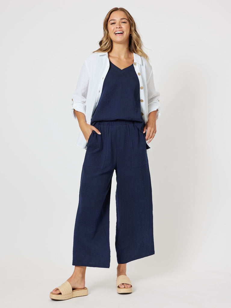 Byron Textured Cotton Wide Leg Pant - Navy