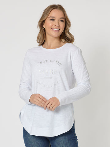 Cest La Vie Long Sleeve Top - White