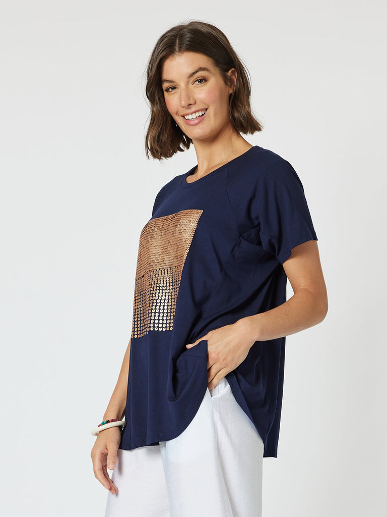 Sequin Patch T-shirt - Navy/Bronze