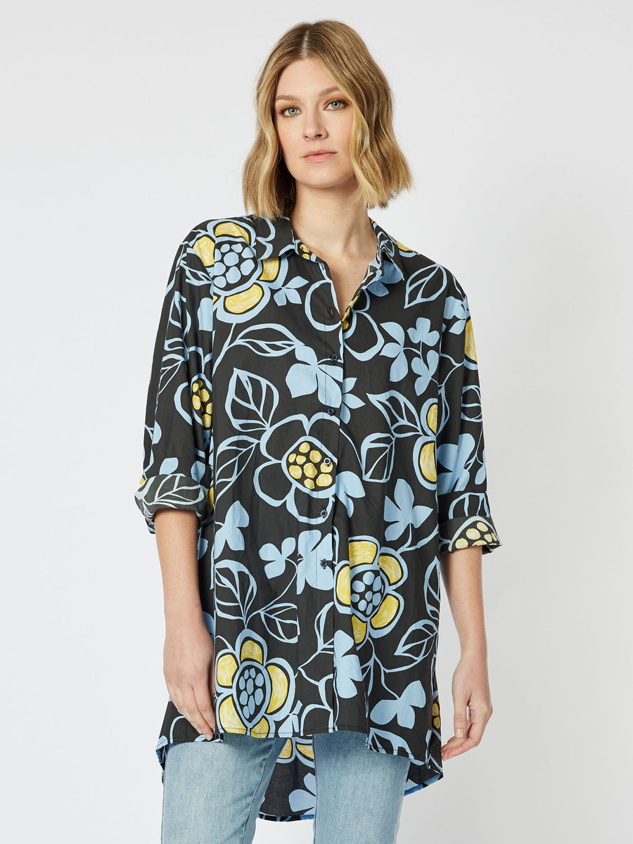 Daisy Print Cotton Longline Shirt - Blue – Threadz