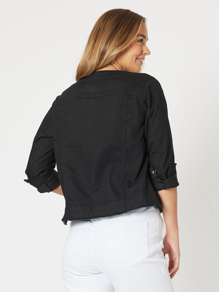 Collarless Denim Jacket - Black