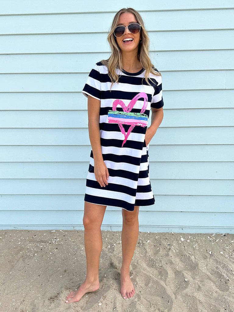 Pink Heart Stripe Dress - Navy/White