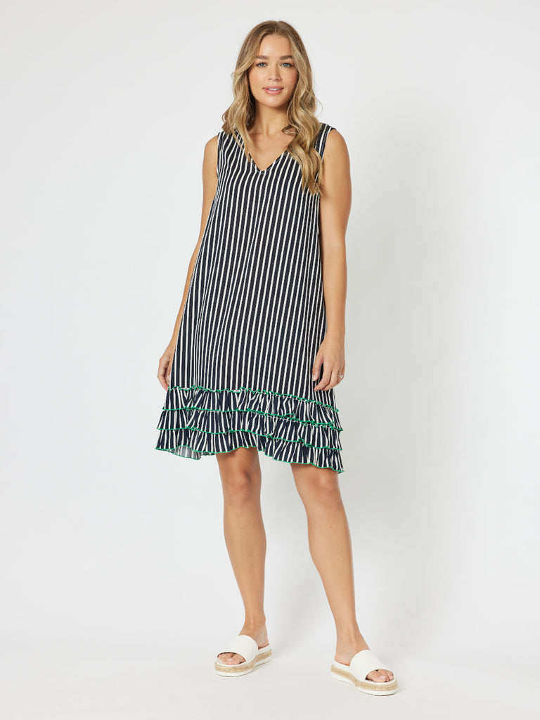 Stripe Frilled Hem Dress - Navy