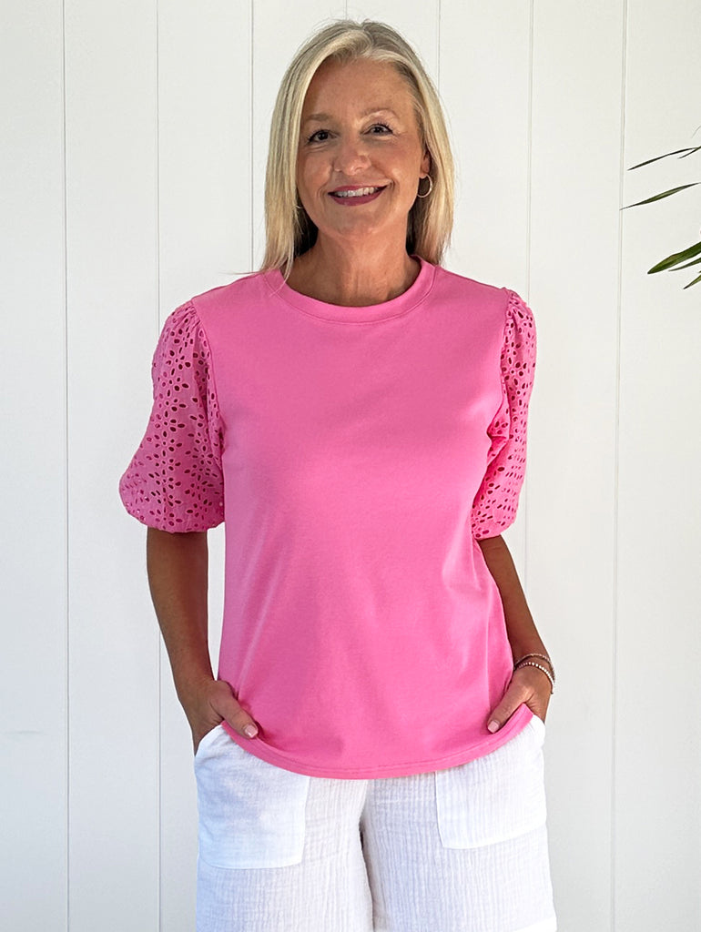 Kyla Lace Sleeve Shirt - Hot Pink