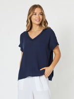 Byron Cotton V-neck Top - Navy