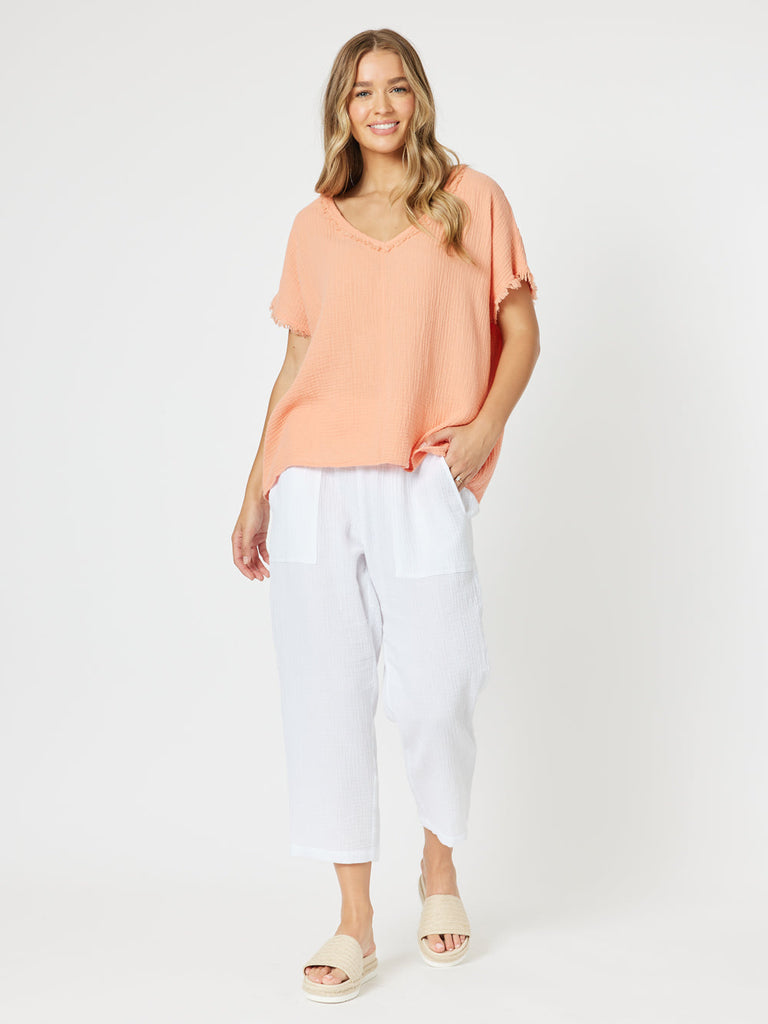 Byron Cotton V Neck Top - Papaya