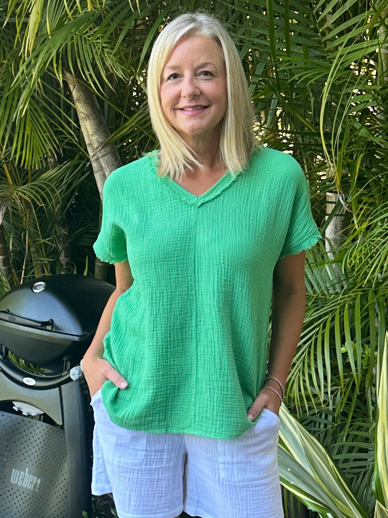 Byron Cotton V-neck Top - Emerald