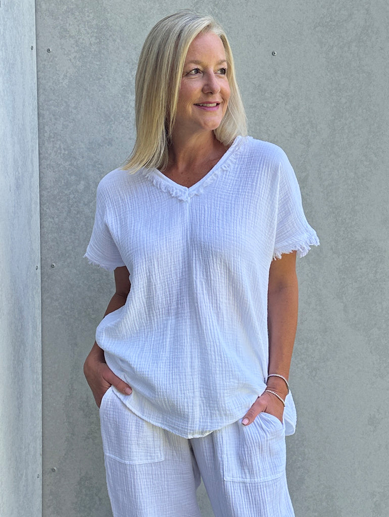 Byron Cotton V-neck Top - White