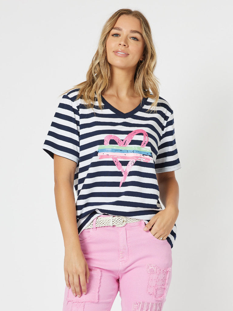 Heart Stripe T-shirt - Navy/White