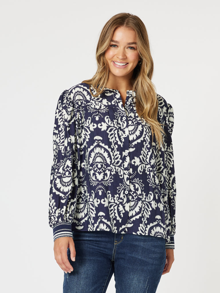 Emily Print Top - Navy/White