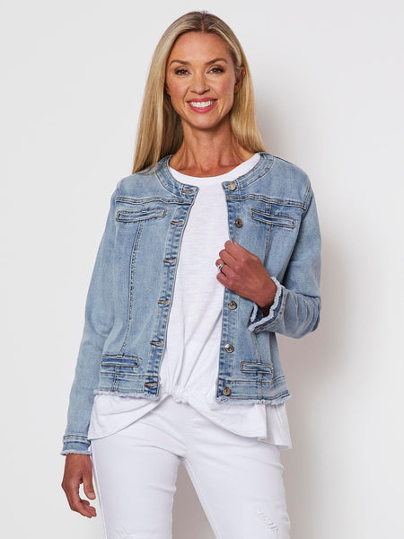 SHEIN LUNE Women's Double-breasted Collarless Denim Jacket | SHEIN USA