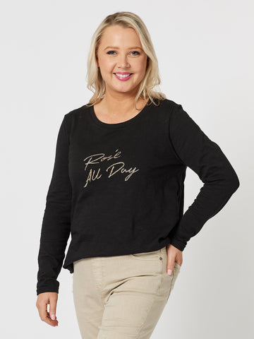 Rosé All Day Long Sleeve Top - Black